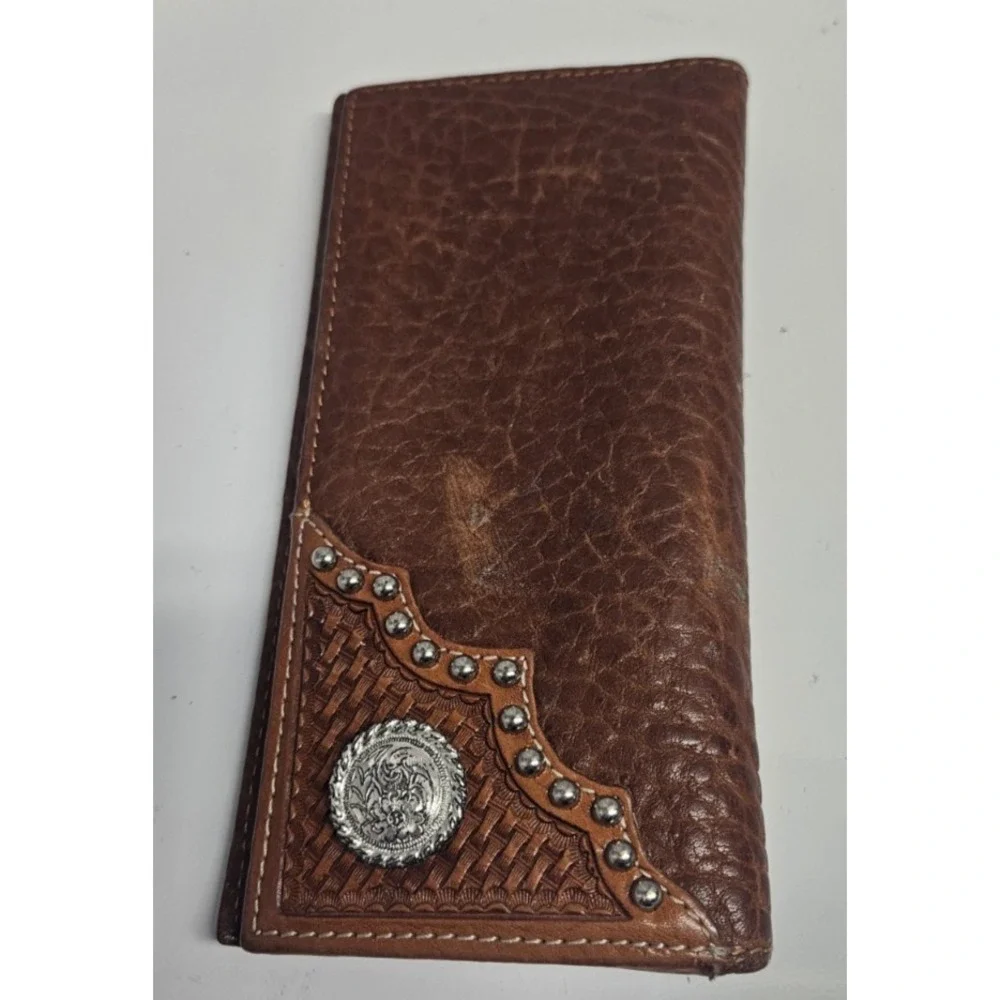 Men's cowboy chrome brown leather rodeo style wallet silver concho